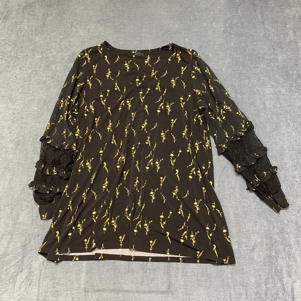 Alfani Blouse Top Women L Black Yellow Floral V Neck Ruffled Lace Sleeves